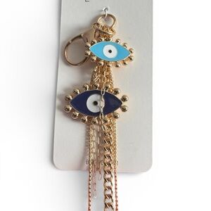 Gold and Blue Evil Eye Keychain Bag Charm - NEW
